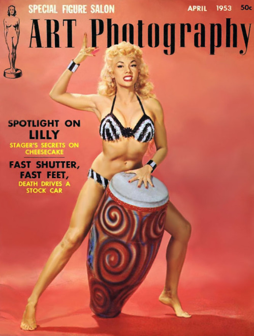 Lilly Christine appears astride her bongo drum on the cover of the April ‘53 issue of 'ART Photography’ magazine..