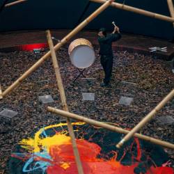 Fauzie Wiriadisastra under a bamboo dome at Sunaryo Art Space.