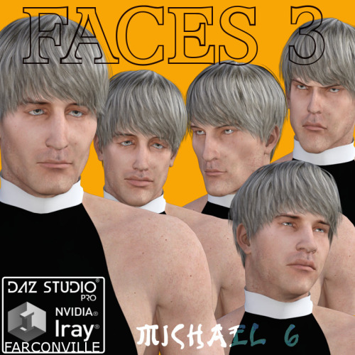 Some more brand new faces for M6 by farconville! Faces  3 for M6 is comprised of 5 custom face morphs without any textures. It  includes a FREE shorts and shirt outfit for 10 FREE special  poses for  M6. Act on this bad boy wile you can because it’s