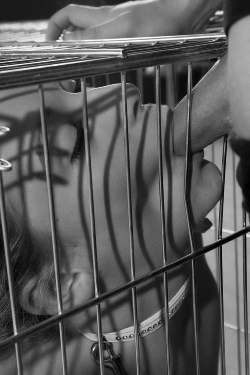 alwaysandforeverhis715:  I didnâ€™t think I was really into cages, or the idea of being caged, but I really love this photo. Cute little white collar, sunken cheeks, her eyes closed, from behind the bars, in obvious adoration of the treat that her Master