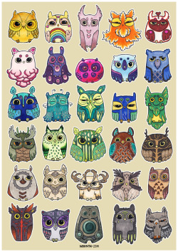 myrntai:  Flock of Owls III + IV Ink, Copics and white gel pen.