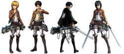 The full sets of standard and DLC costumes for Armin, Eren,