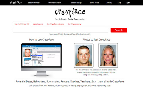 psychoticpixiedreamgirl:  intlsugarbaby:  sugar-babe-kira:  european-sugar:  prostheticknowledge:  Creepface Online image search tool and Chrome extension that claims to locate US sex offenders in itâ€™s database with facial recognition analysis:  This