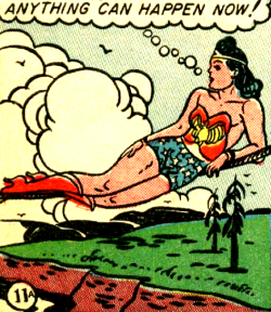 superdames:  Wonder Woman lounging like an odalisque on a highwire.