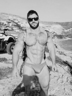 Muscular hairy pecs, great legs and arms, pubs sticking out of