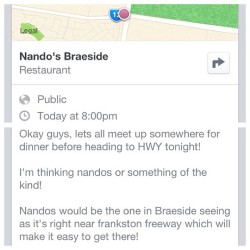 Lets do this! Premeet for HWY tonight at nandos braeside. Come