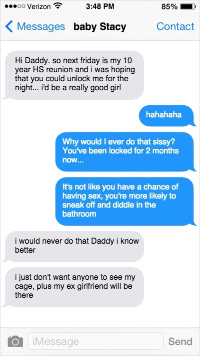 A text convo that I had with stacy yesterday. I was praying that she would give me the number…Â Knowing that her ex girlfriend would be directly involved in her feminization is making me hard thinking about it.Â Any other ideas I can use to get