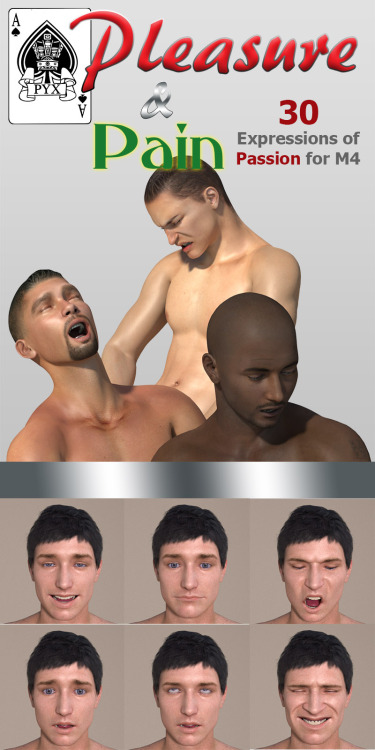  Pleasure and pain  comprises 30 facial expressions for DAZ’s Michael 4 base. Subtle, not so  subtle, tender, amorous, lustful, horny, sleepy, and in the afterglow  of sweet sweet lurve, these expressions are all modelled on actual  people to reflec
