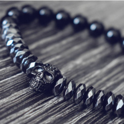 gentclothes:  Black Bead Bracelet with Hematite Stones and Skull