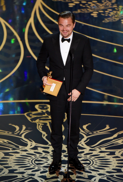 frankunderwood:  Leonardo DiCaprio accepts the award for Best