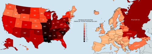 mapsontheweb:  Intentional homicide rate in the US vs Europeby