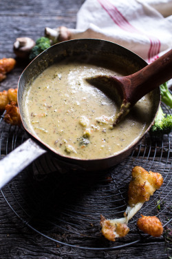 sweetoothgirl:  Broccoli Cheddar Soup with Fried Cheese Curds