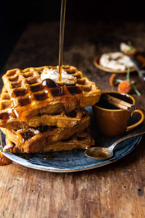 sweetoothgirl:  cider pumpkin waffles with salted maple butter