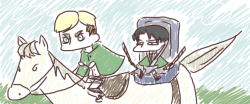 stoned-levi:  Levi riding on the back of Erwin’s horse in a