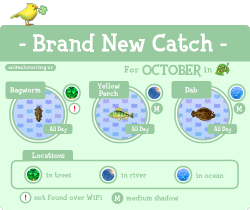 animalcrossingus:  Slim pickings this month! Just a few new critters