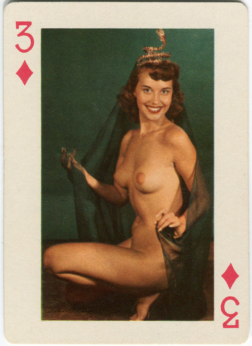 Venus The Body (aka. Jean Smyle) poses as the “3 of Diamonds” for a 50’s-era novelty playing card deck..