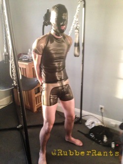 rubberrants:  A cute 19-year-old rubber slave gagging to serve