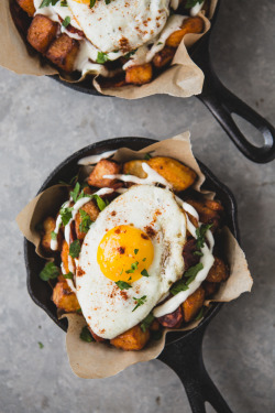 verticalfood:Potatoes Bravas With Chorizo, Fried Eggs and Garlic