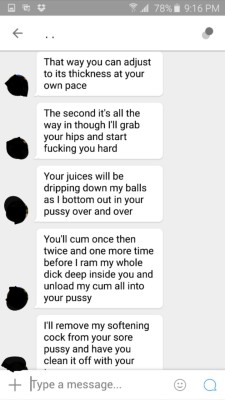 420slutwife:  I dnt even know if i put this on the right order all i know is this kind of messages makes me horny, as you can see i was responding very short, coz i was busy touching myself. :p 