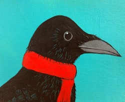 jenzelart:  Crow in a red scarf, acrylic painting on cardboard