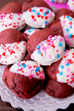 nom-food:  White chocolate dipped red velvet cookies