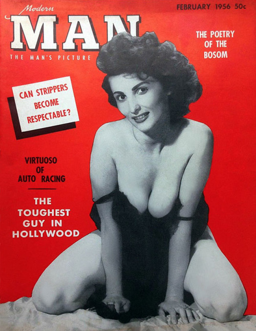 Donna Mae “Busty” Brown appears on the cover of the February 1956 issue of ‘Modern Man’ magazine..