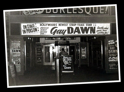 Vintage 50’s-era candid photo featuring the front of the ‘RIVOLI Theatre’; located in Seattle, Washington.. Gay Dawn appears on the marquee as the week’s Featured Attraction..