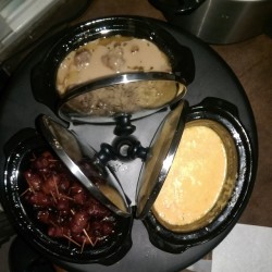 Homemade queso dip, swedish meatballs and bacon wrapped weiners!!!