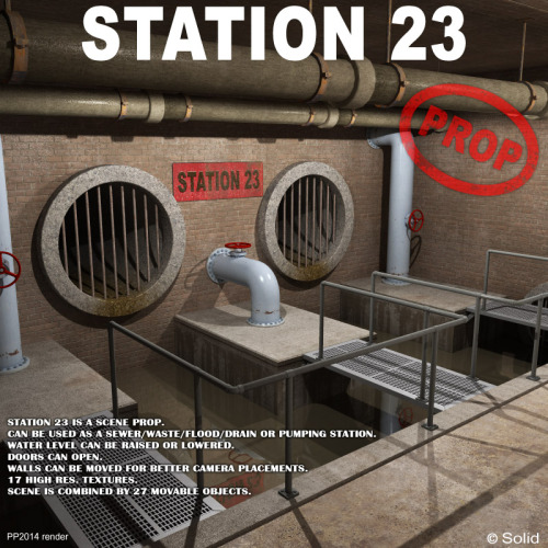 Check out this brand new scene prop by Solid! Can be used as a sewer/waste/flood/drain or pumping station, Water level can be raised or lowered, Doors can open, Walls can be moved for better camera placements, and 17 high res. textures. Scene is combined