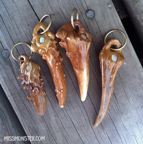 missmonstermel:  Antler pendants are in the shop!http://missmonster.myshopify.com/I love how these look! This is a pendant made from a real antler tip with a hand sculpted top. It is sculpted from epoxy, a very durable material. Each one has a small opal