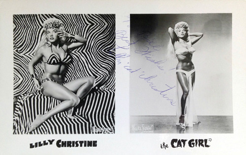Lilly Christine      aka. “The Cat Girl”..  Vintage promo postcard personalized: “To Bill — Best Wishes! –  Lilly ‘Cat’ Christine ”.. 