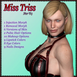 She&rsquo;s 40,She&rsquo;s Divorced,She&rsquo;s ready for Action!Miss Triss is a realistically proportioned character, who&rsquo;s face is showing the first signs of age, and has spent her alimony on breast implants and yoga. She is made for V4 only for