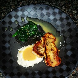 Pan seared pork chops, garlic mash potatoes, sautéed spinach