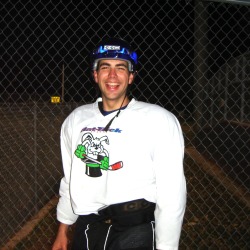 bondagejock:  Playing softball in my hockey gear 