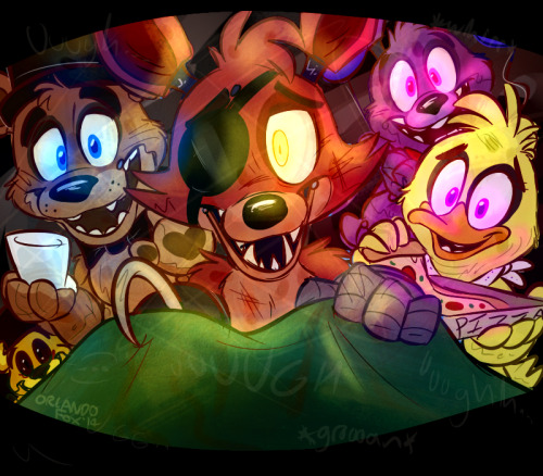 orlandofox:  Uh oh, looks like you were fallin’ asleep on the job again! Pretty sweet of the gang to tuck you in, though. :)  I could spend five nights there if they were this cute and nice and not, you know, horrifying and murderous. Also, too: I have