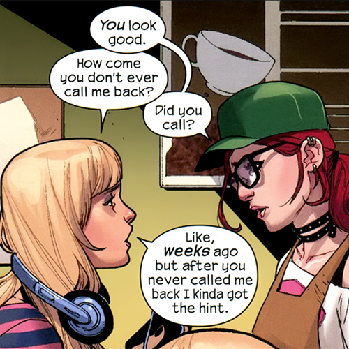 americachavez:   Ultimate Spider-Man 21  HEY SO REMEMBER THAT TIME WHEN GWEN AND MJ WERE BASICALLY IN A CANON COFFEE SHOP AU 