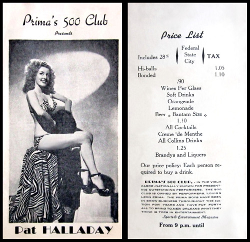 Pat “Amber” Halladay appears on a vintage promo brochure for Leon Prima’s 500 Club; located in the heart of New Orleans’ famed “French Quarter”.. The Club was owned by Leon and his famous musician brother: Louis.. The