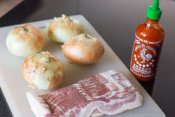 lickystickypickyshe:  Smoked Bacon Wrapped Onion Ringsw/ Sriracha