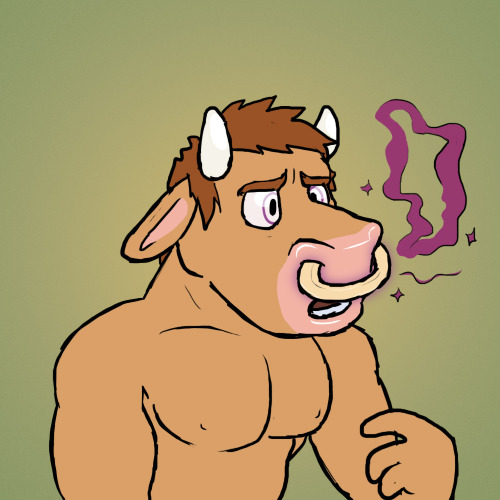rubberskunkadditionally:  kotepteef:  Boy, looks like nose rings are risky business!  @rubberskunkadditionally made this little bull guy into a big grump, and I came in with the colors.  Man can I call ‘em or what. I liked how this one came out especially