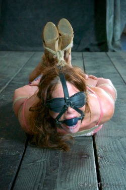 Gagged, blindfolded, tied, drooling