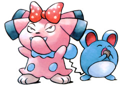 hirespokemon:Ken Sugimori artwork of Snubbull and Marill from