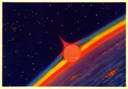 humanoidhistory:The Sun rises over Earth in a postcard illustrated