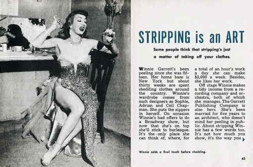STRIPPING is an ART Winnie Garrett is profiled in a 50’s-era Men’s Pocket Digest.. It makes mention of her businesses related to the Music industry. In March of ‘48, she became the Vice-President of 'Famous Records’ in New Jersey.. Later