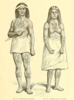   Illustrations of tattooed Haida people, from the 1880 Annual