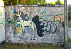 na-poludnie-od-tunelu:  Unicorn mural on garage sheds at Rogatka
