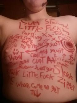 Well, that&rsquo;s some pretty thorough graffiti. &ldquo;Cum Starved Little Fuck bag. Yes cocksucking for &hellip; Master&rsquo;s Dirty Slutty Little girl. Torture Me. Plaything. Property. Claimed Cunt. Throat. Just Squirt. Pincushion. Bitch. Master&rsquo