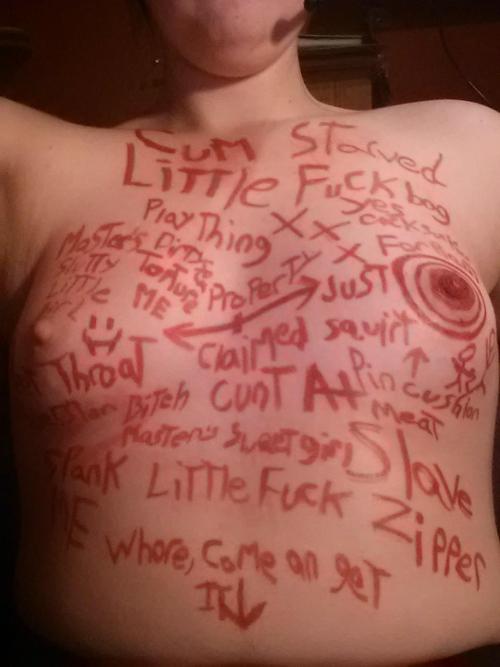 Well, that’s some pretty thorough graffiti. “Cum Starved Little Fuck bag. Yes cocksucking for … Master’s Dirty Slutty Little girl. Torture Me. Plaything. Property. Claimed Cunt. Throat. Just Squirt. Pincushion. Bitch. Master&rsquo