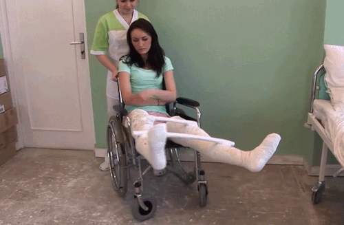 Sexy female patient gets two LLC, with wheelchair and crutches (Medical Fetish & Bondage GIFs)from http://www.bracedlife.com