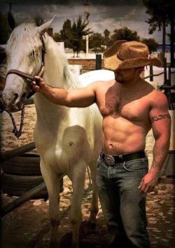 musclehunkymen:  Sexy, hunky, muscled shirtless cowboy.