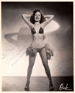 Delores Del ReyVintage promo photo of this popular West Coast dancer, not to be confused with the similarly-named: Dolores Del Raye.. The photo is personalized: “To Judgie, — With sincerest best wishes —  Delores Del Rey   10/21/52 ”..